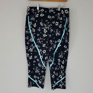 Askya Yoga Capri White flower pants with turquoise blue line design